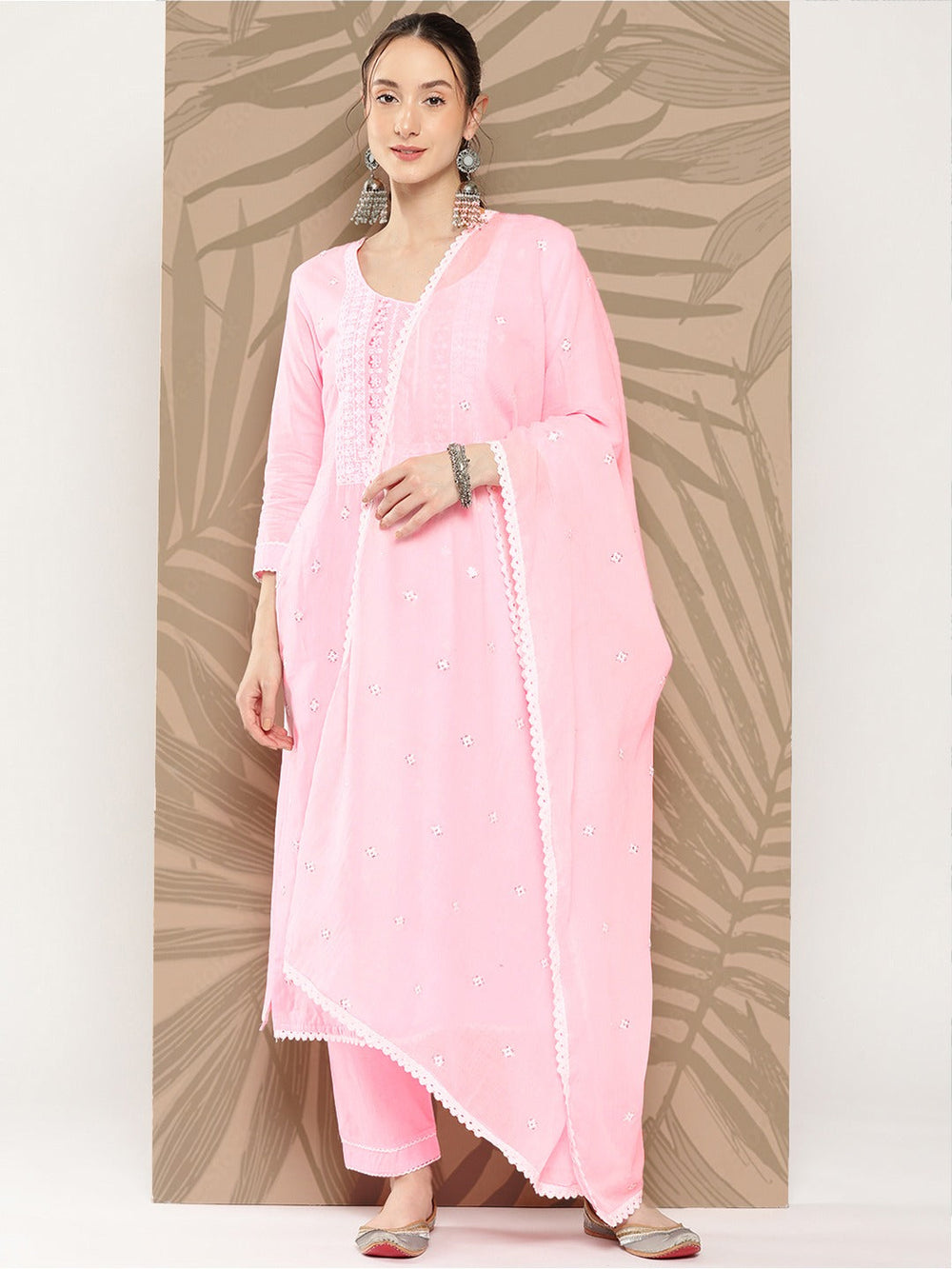 Pink Floral Embroidered Cotton Kurta Dupatta Set-Yufta Store-1258SKDPKS