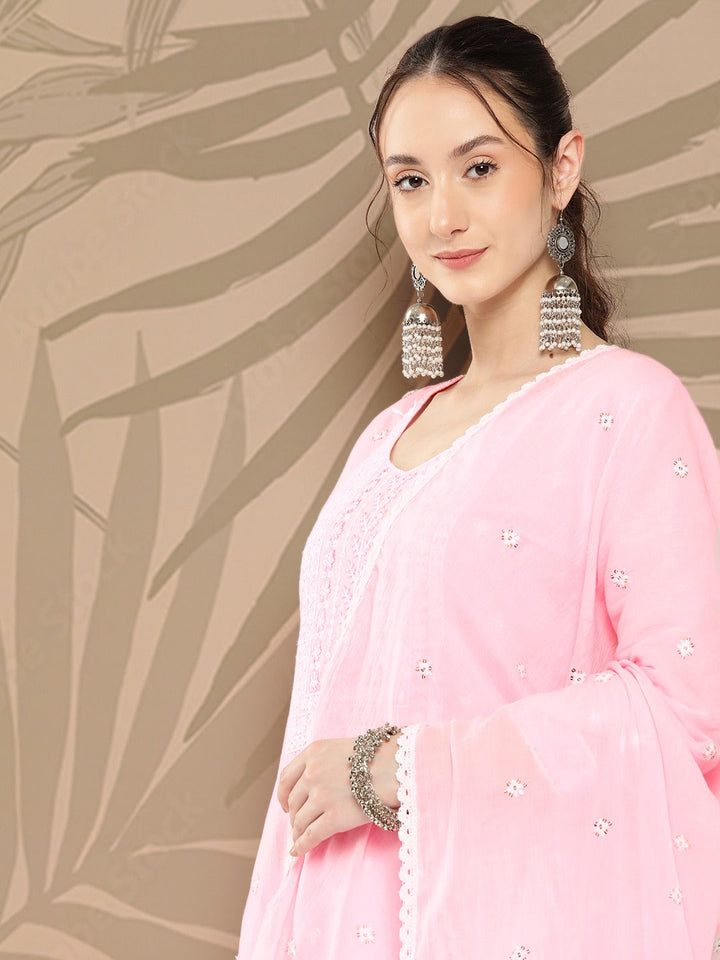 Pink Floral Embroidered Cotton Kurta Dupatta Set-Yufta Store-1258SKDPKS