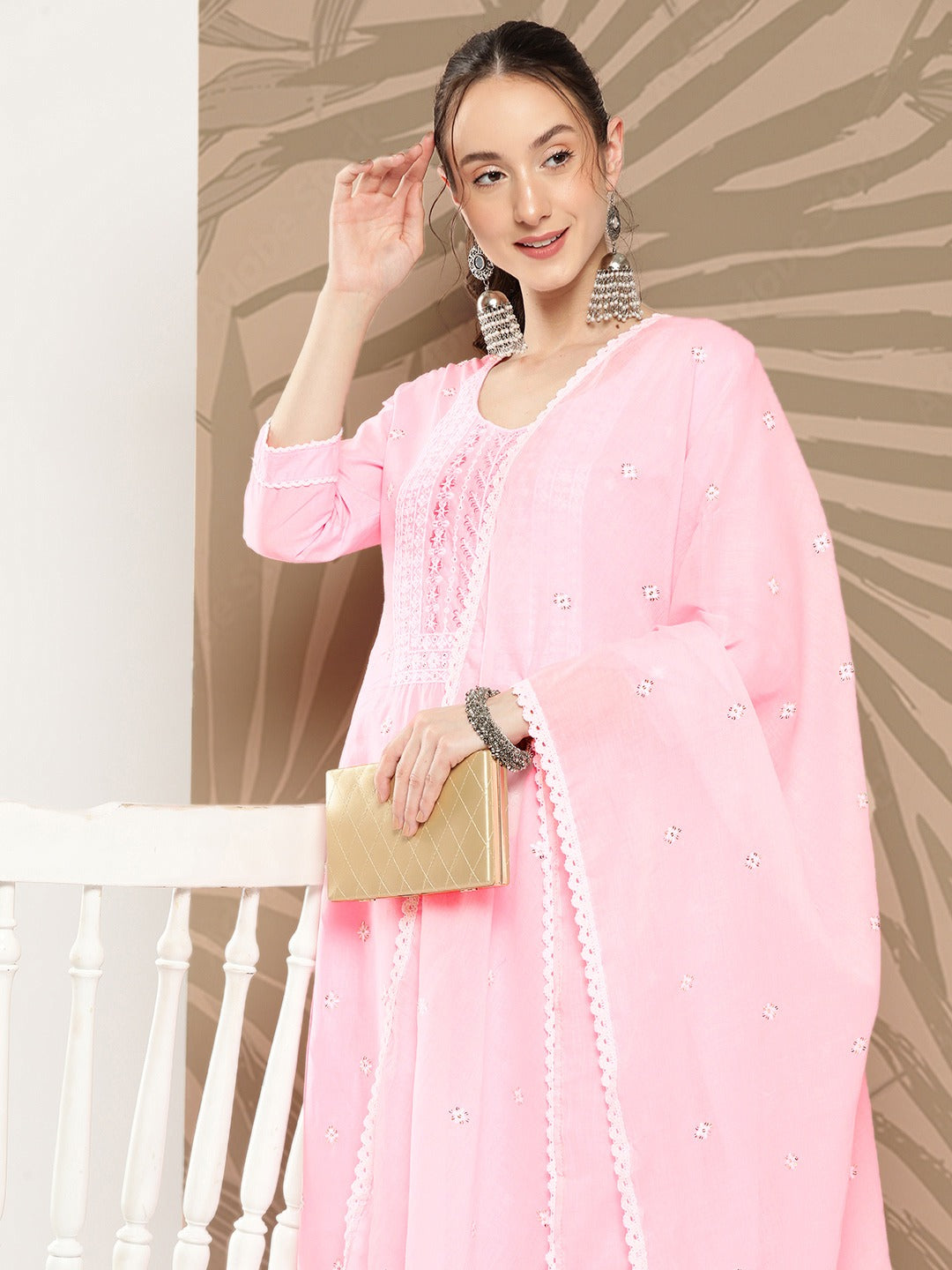 Pink Floral Embroidered Cotton Kurta Dupatta Set-Yufta Store-1258SKDPKS