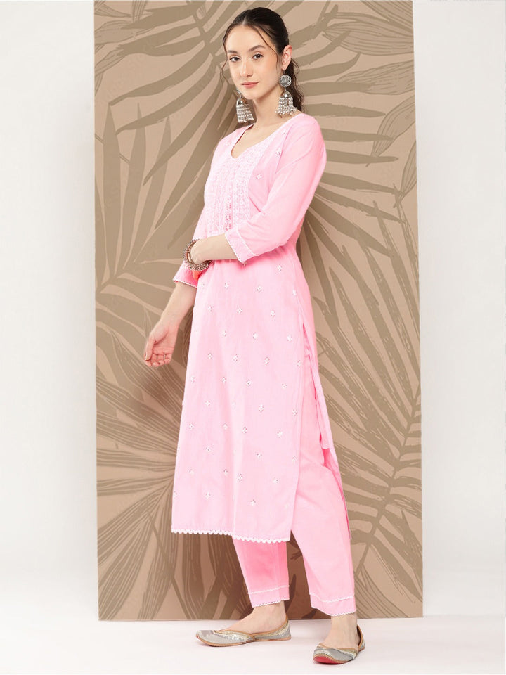 Pink Floral Embroidered Cotton Kurta Dupatta Set-Yufta Store-1258SKDPKS