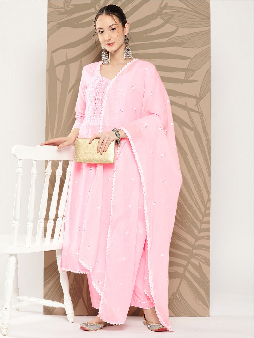 Pink Floral Embroidered Cotton Kurta Dupatta Set-Yufta Store-1258SKDPKS