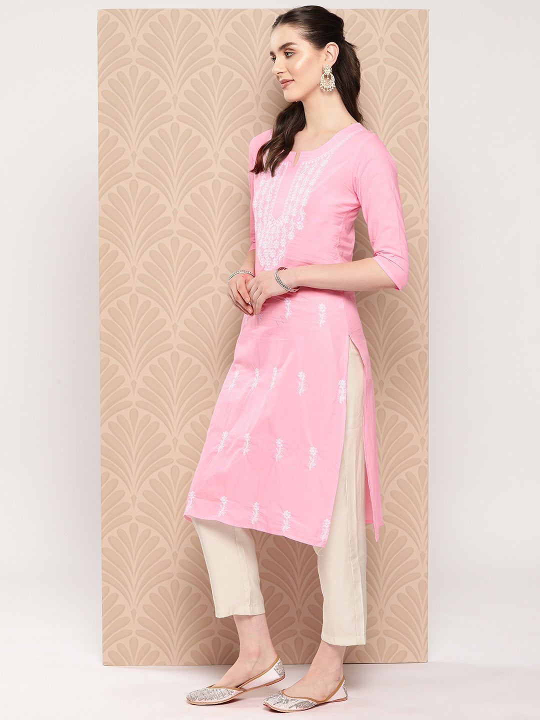 Pink Floral Embroidered Pure Cotton Kurta-Yufta Store-1497KURPKS
