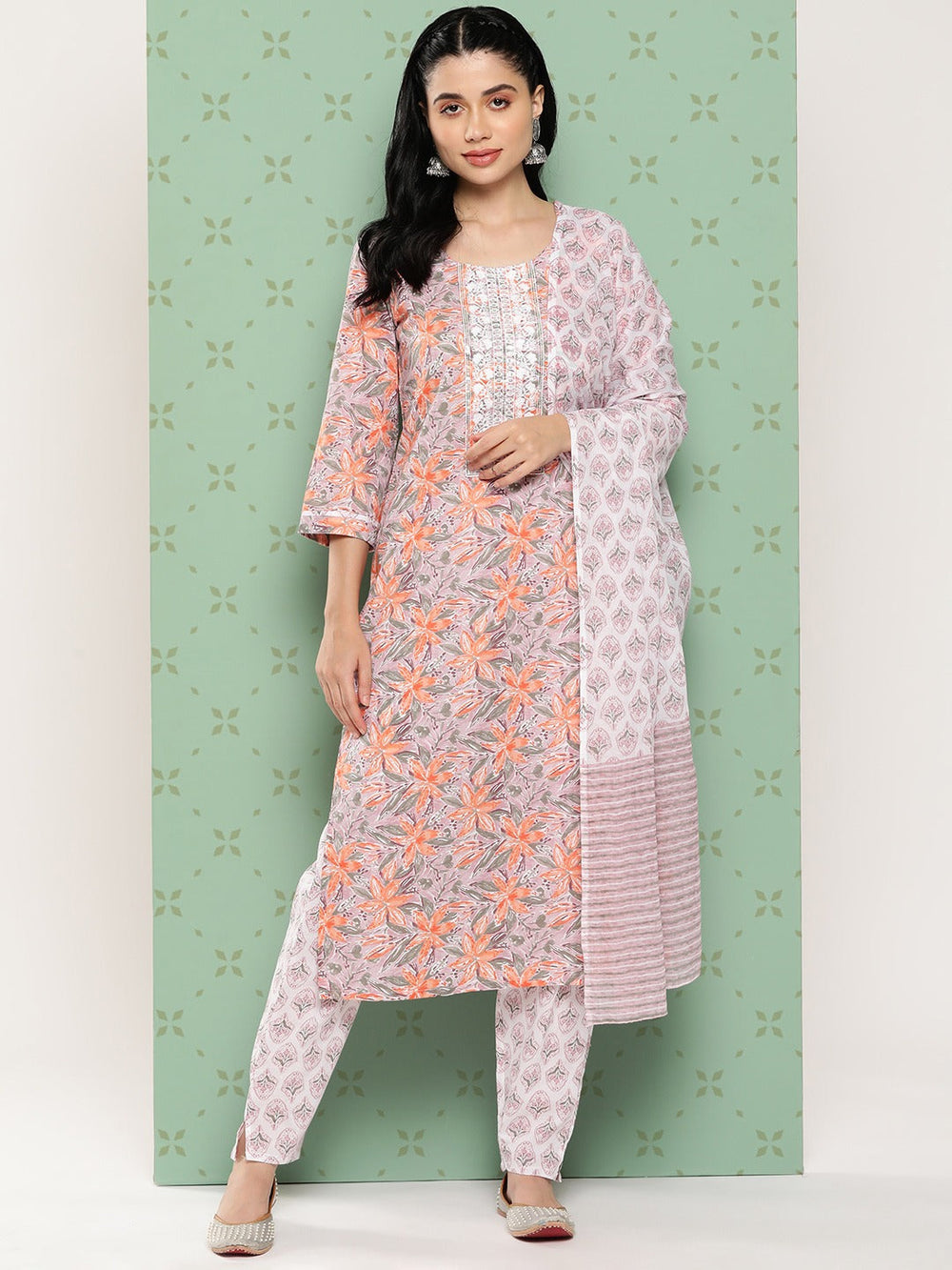 Pink Floral Embroidered Regular Pure Cotton Kurta with Trousers & Dupatta Set