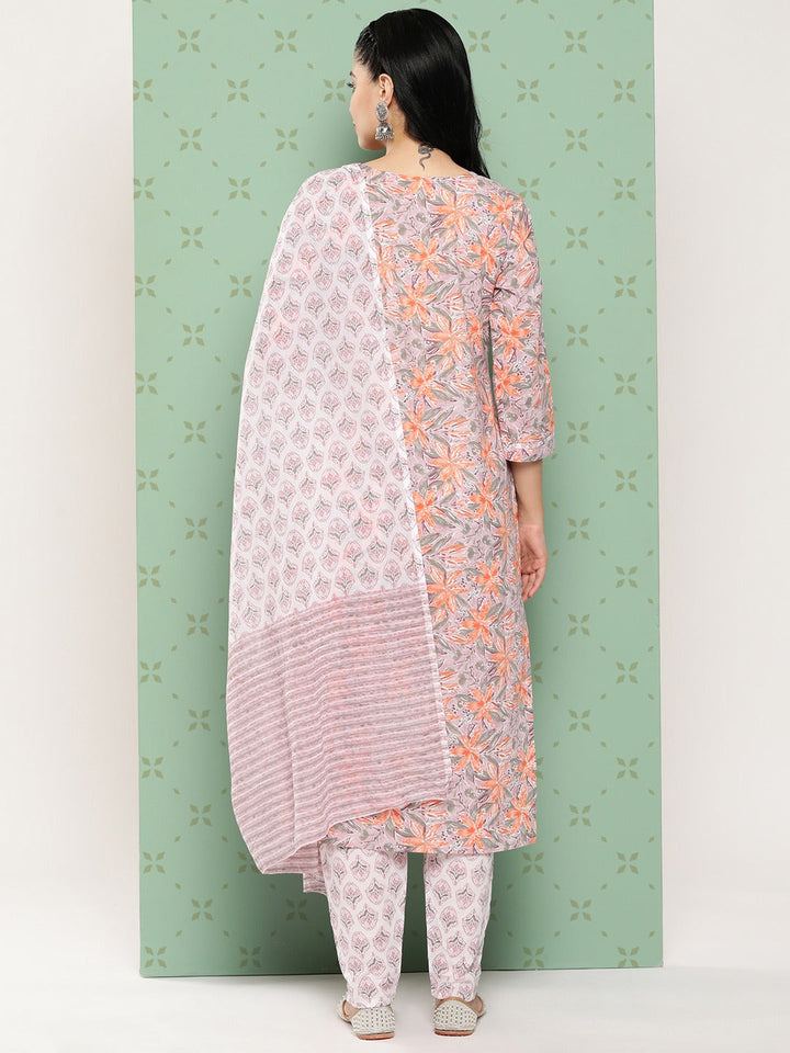 Pink Floral Embroidered Regular Pure Cotton Kurta with Trousers & Dupatta Set-Yufta Store-1443SKDPKS