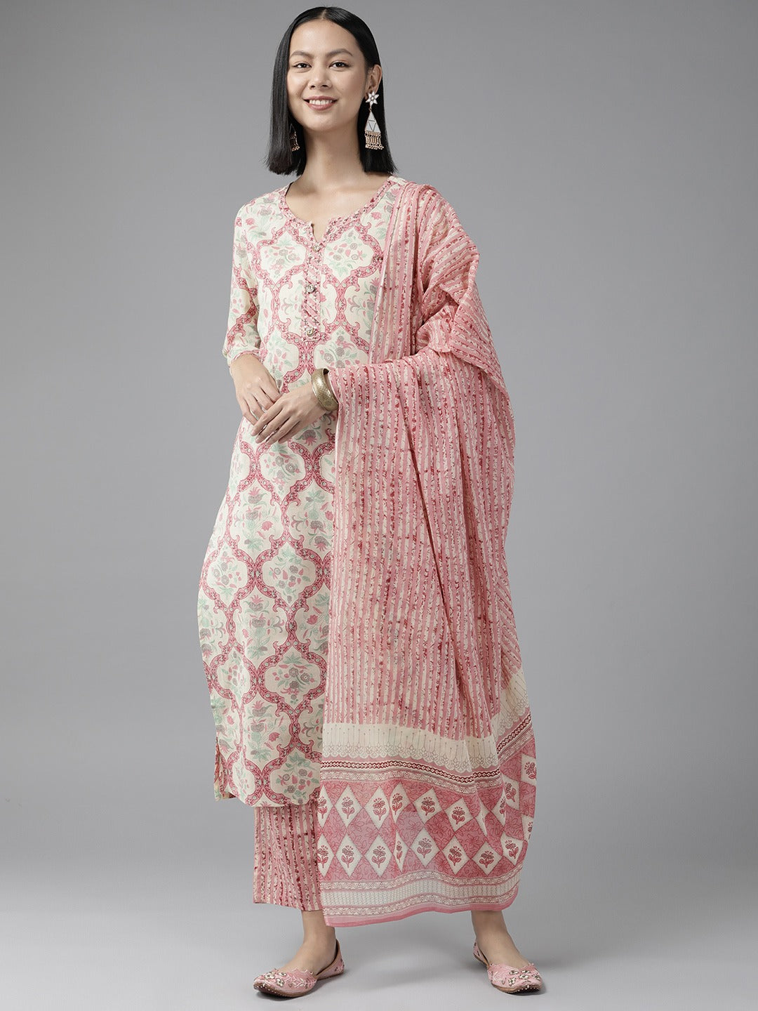 Pink Floral Embroidered Straight Cotton Kurta Dupatta Set-Yufta Store-1111SKDPKS
