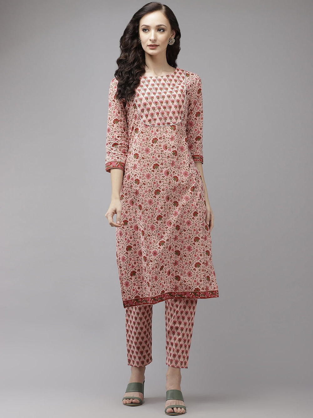 Pink Floral Kurta Set-Yufta Store-9337SETPKS