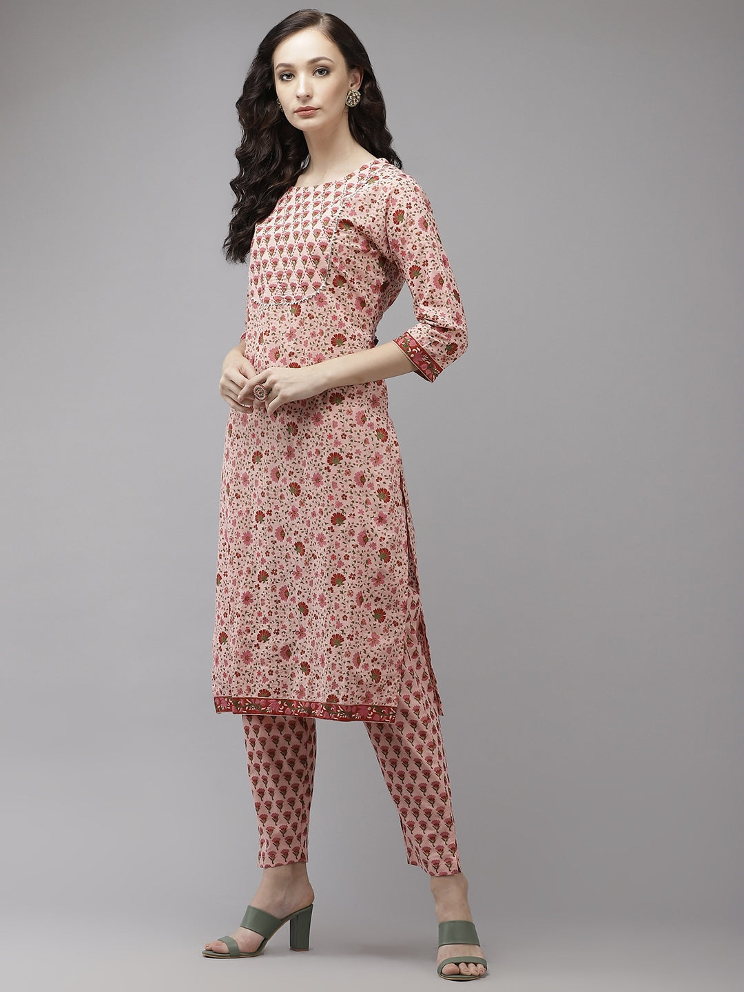 Pink Floral Kurta Set-Yufta Store-9337SETPKS