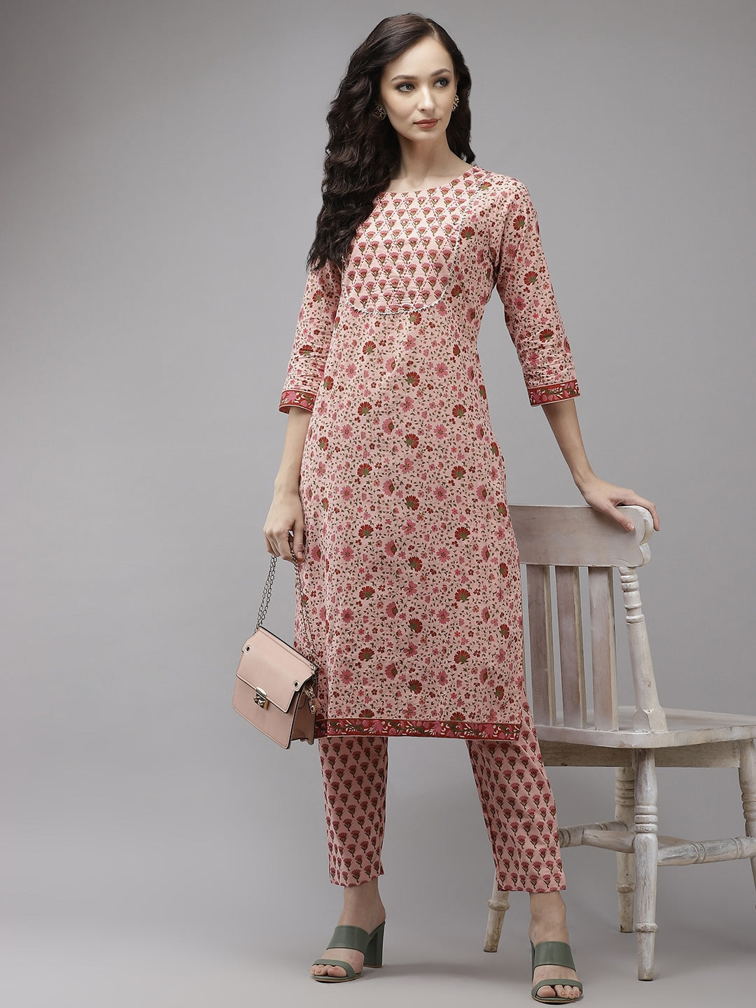 Pink Floral Kurta Set-Yufta Store-9337SETPKS