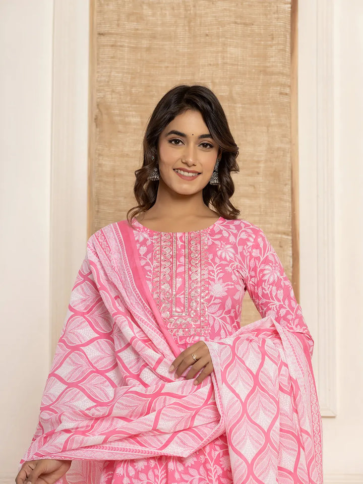 Pink Floral Print Anarkali Style Kurta And Trousers With Dupatta Set-Yufta Store-6995SKDPKS