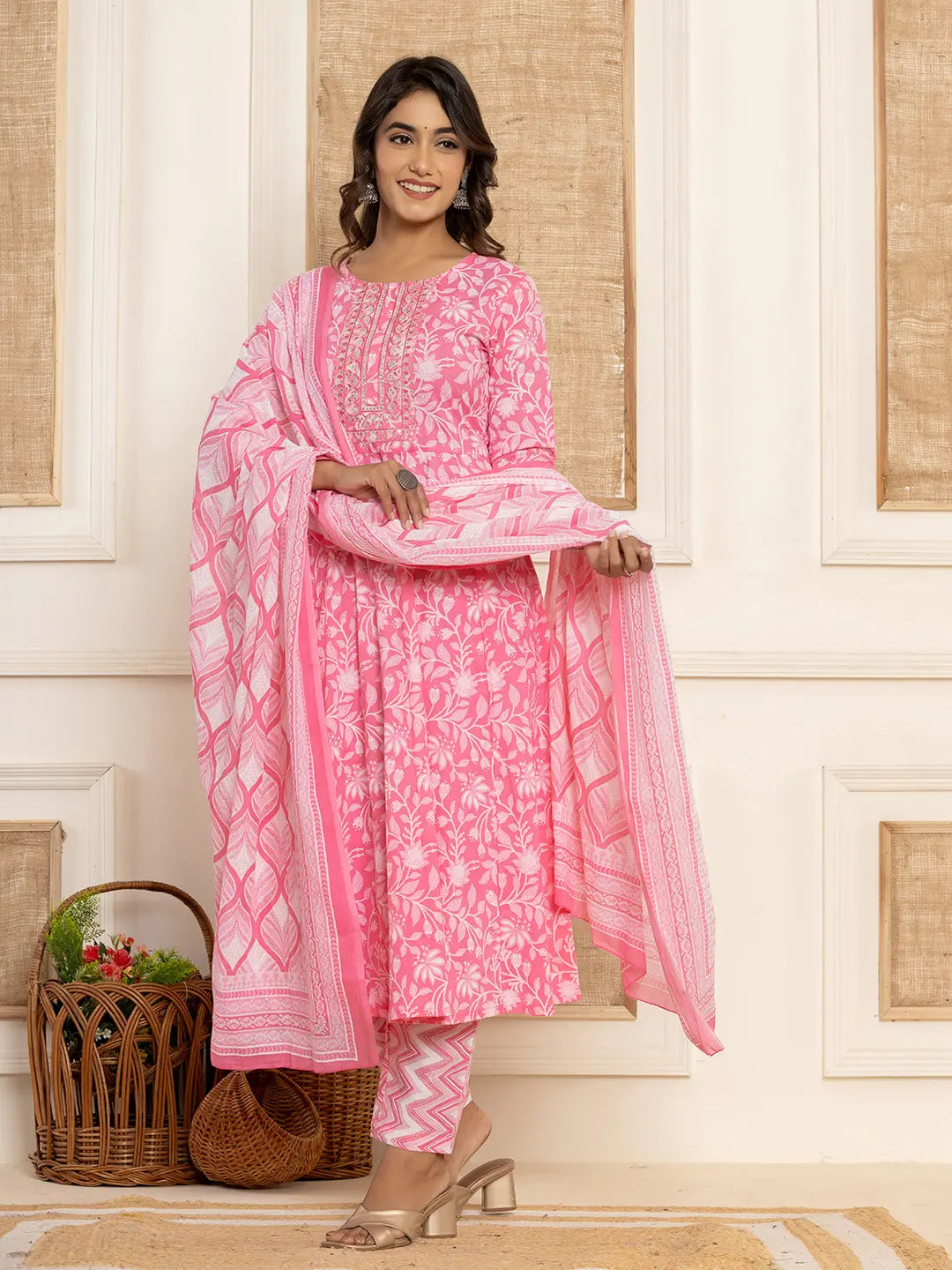 Pink Floral Print Anarkali Style Kurta And Trousers With Dupatta Set-Yufta Store-6995SKDPKS