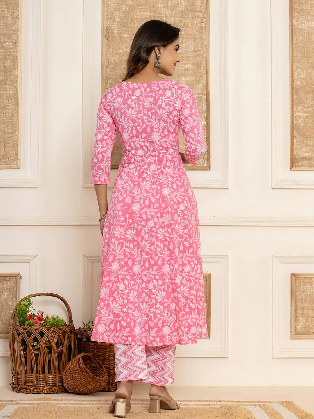 Pink Floral Print Anarkali Style Kurta And Trousers With Dupatta Set-Yufta Store-6995SKDPKS