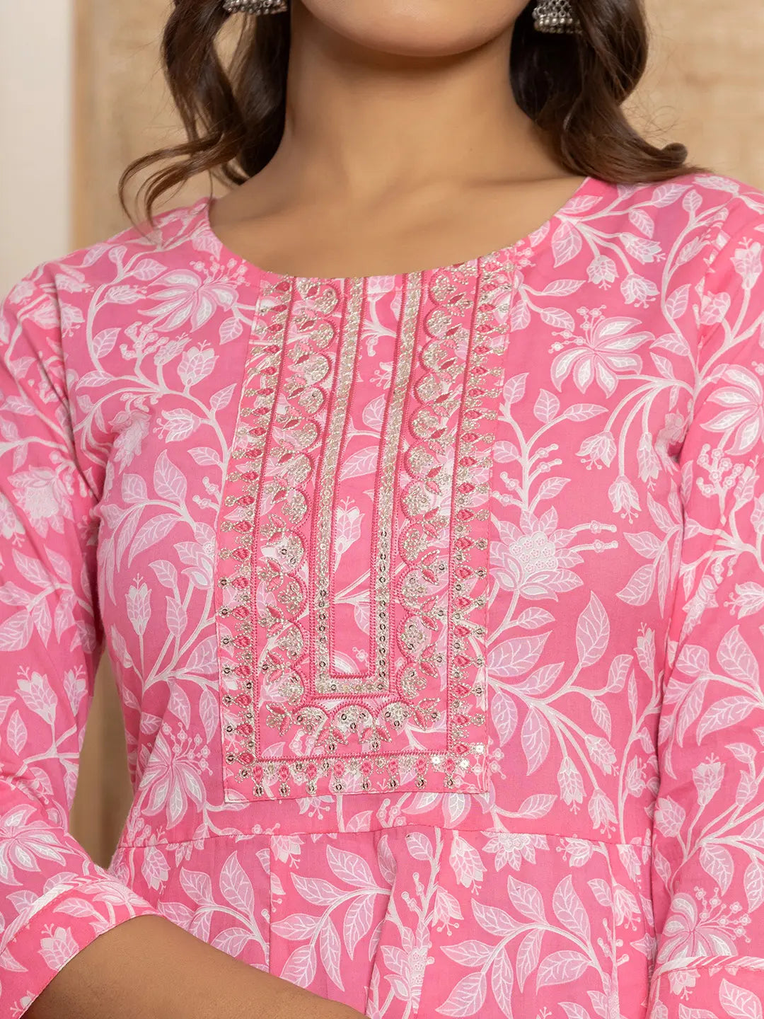 Pink Floral Print Anarkali Style Kurta And Trousers With Dupatta Set-Yufta Store-6995SKDPKS