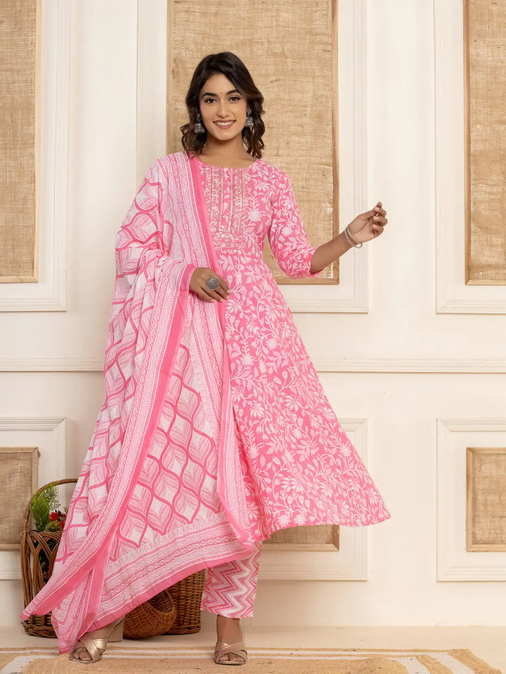 Pink Floral Print Anarkali Style Kurta And Trousers With Dupatta Set-Yufta Store-6995SKDPKS