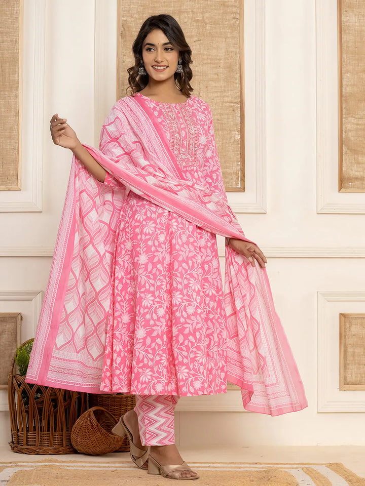 Pink Floral Print Anarkali Style Kurta And Trousers With Dupatta Set-Yufta Store-6995SKDPKS