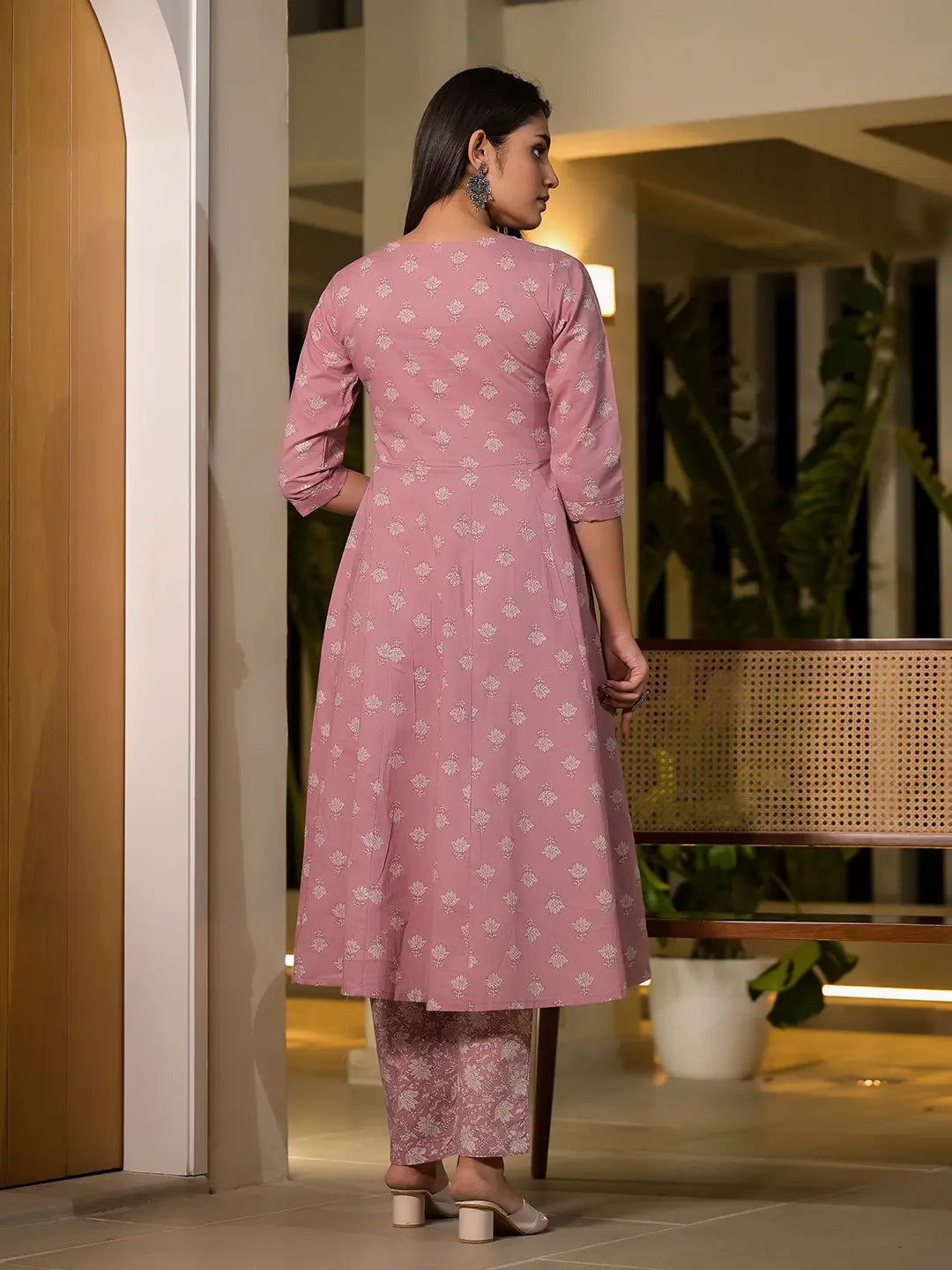 Pink Floral Print Cotton Anarkali Style Kurta With Trousers With Dupatta Set-Yufta Store-6876SKDPKS