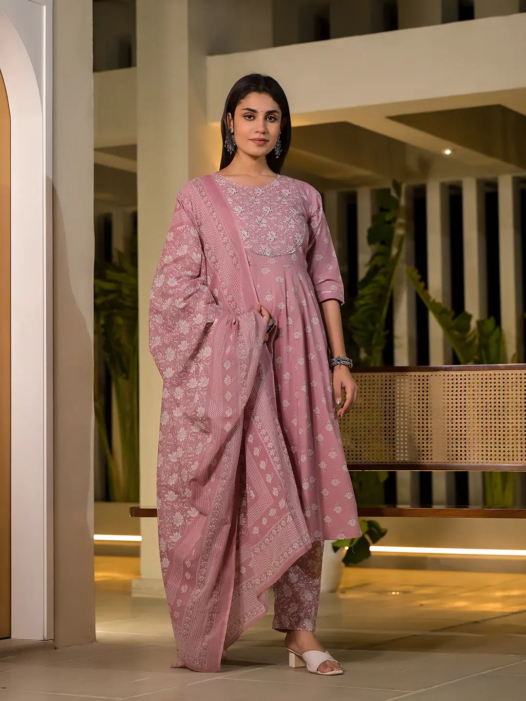 Pink Floral Print Cotton Anarkali Style Kurta With Trousers With Dupatta Set-Yufta Store-6876SKDPKS