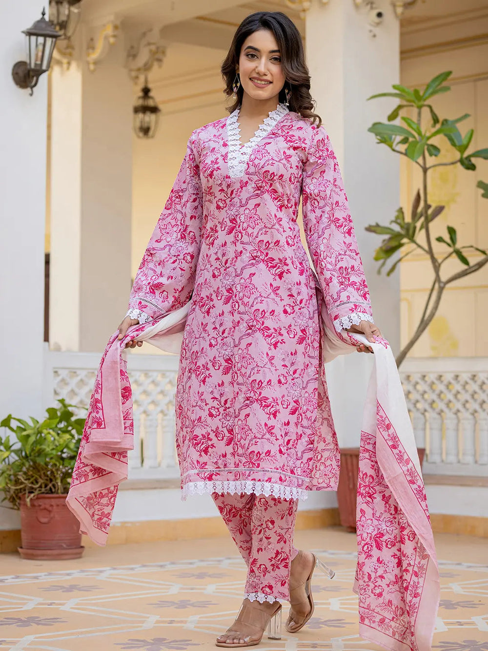 Pink Floral Print Pakistani Style Kurta Trouser And Dupatta Set