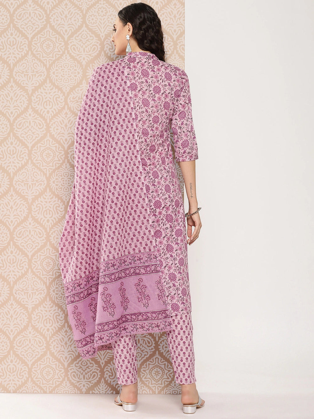 Pink Floral Print Pure Cotton Kurta with Trousers & Dupatta Set-Yufta Store-1446SKDLVS