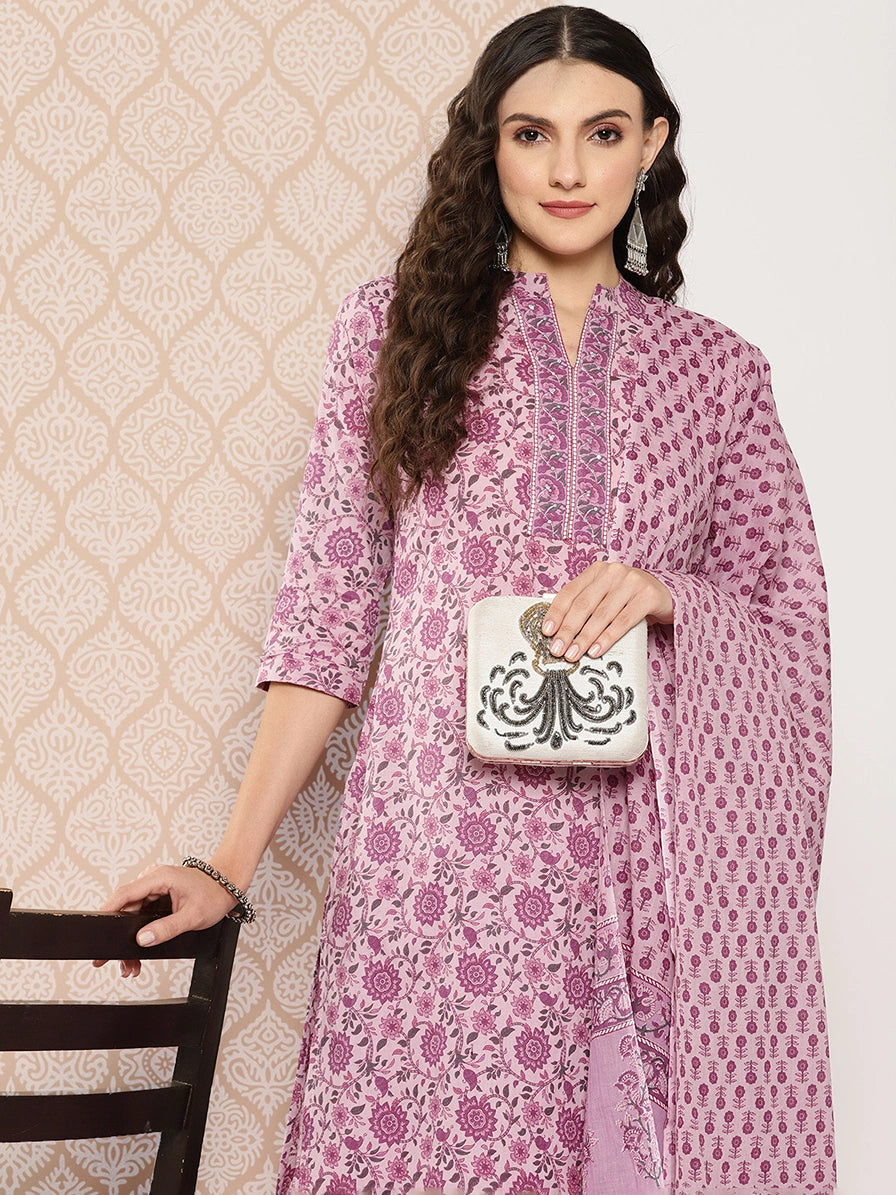 Pink Floral Print Pure Cotton Kurta with Trousers & Dupatta Set-Yufta Store-1446SKDLVS