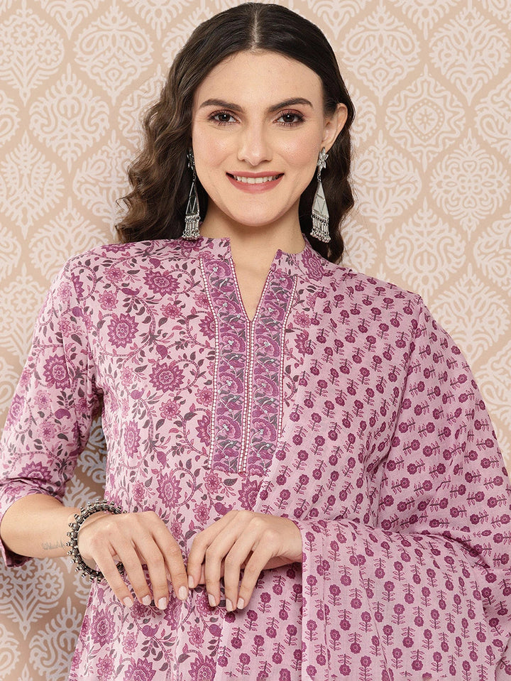 Pink Floral Print Pure Cotton Kurta with Trousers & Dupatta Set-Yufta Store-1446SKDLVS