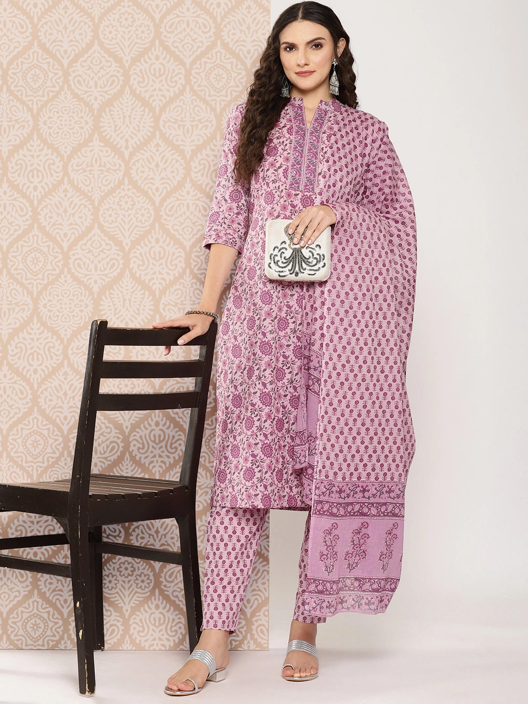 Pink Floral Print Pure Cotton Kurta with Trousers & Dupatta Set-Yufta Store-1446SKDLVS