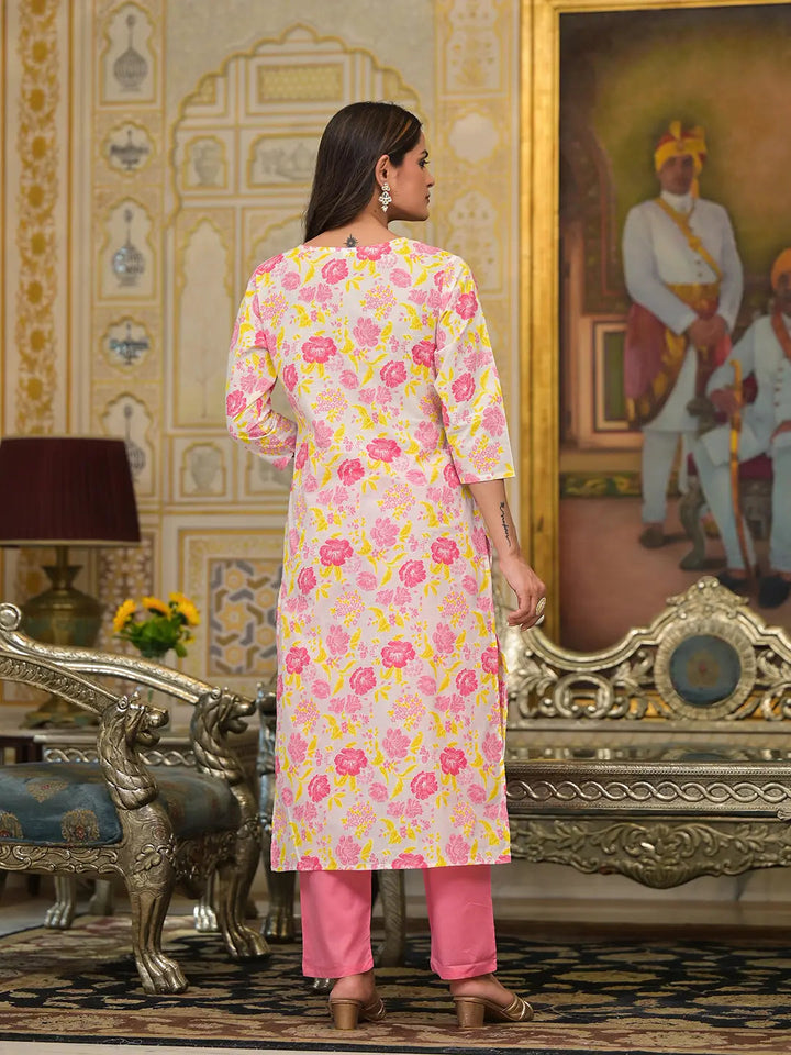 Pink Floral Print Straight Button Show On Yoke Kurta Trouser And Dupatta Set-Yufta Store-6851SKDPKS