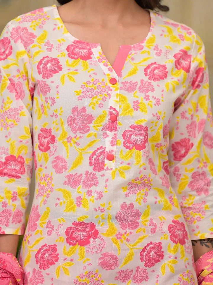 Pink Floral Print Straight Button Show On Yoke Kurta Trouser And Dupatta Set-Yufta Store-6851SKDPKS