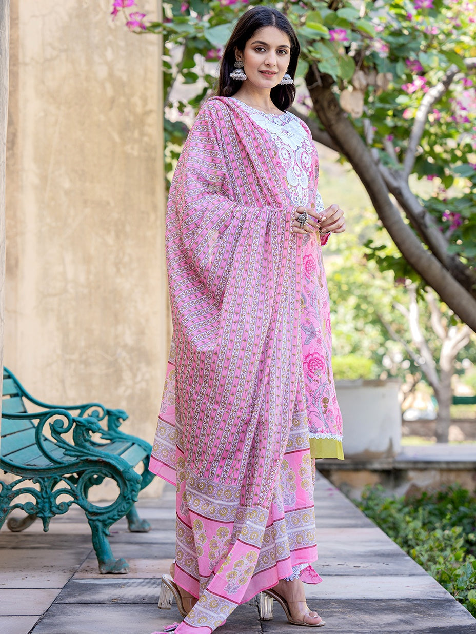 Pink Floral Print,Thread_Work Pakistani Style Kurta Trouser And Dupatta Set-Yufta Store-1992SKDPKS