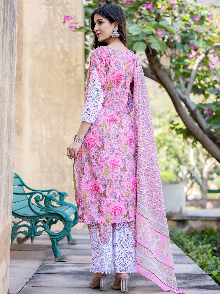 Pink Floral Print,Thread_Work Pakistani Style Kurta Trouser And Dupatta Set-Yufta Store-1992SKDPKS