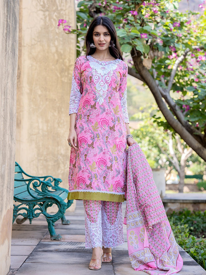 Pink Floral Print,Thread_Work Pakistani Style Kurta Trouser And Dupatta Set-Yufta Store-1992SKDPKS