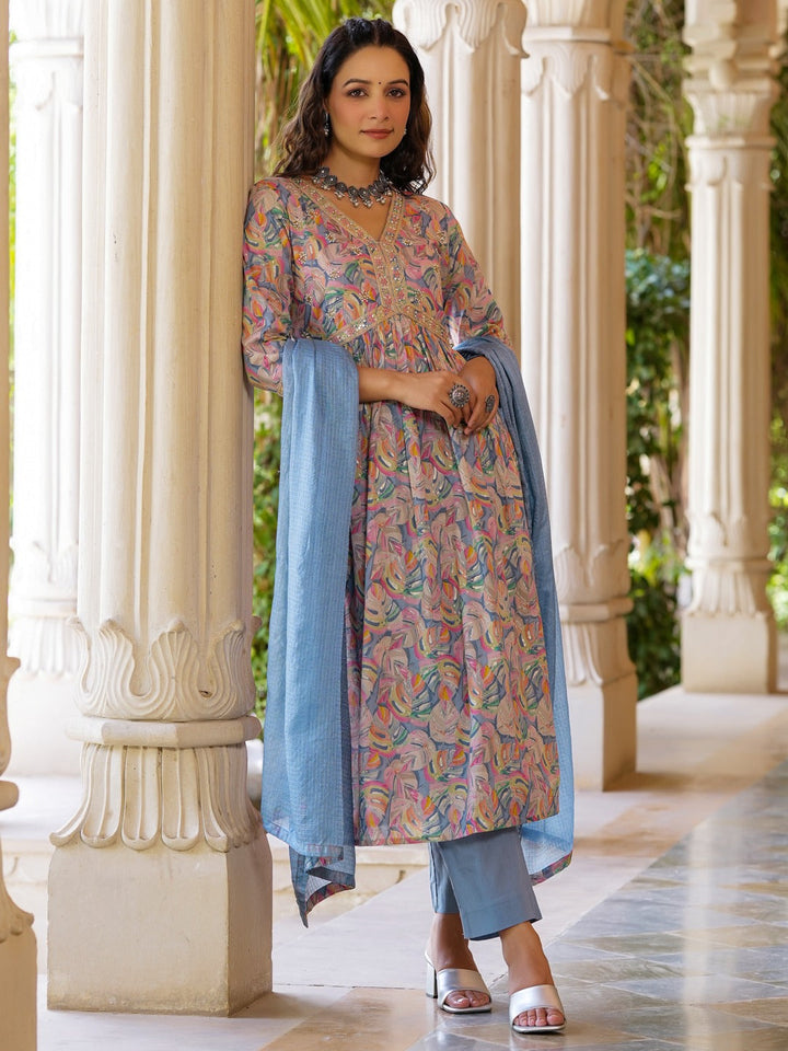 Pink Floral Printed A-line Pure Cotton Kurti Pant Set With Dupatta-Yufta Store-1407SKDMTS