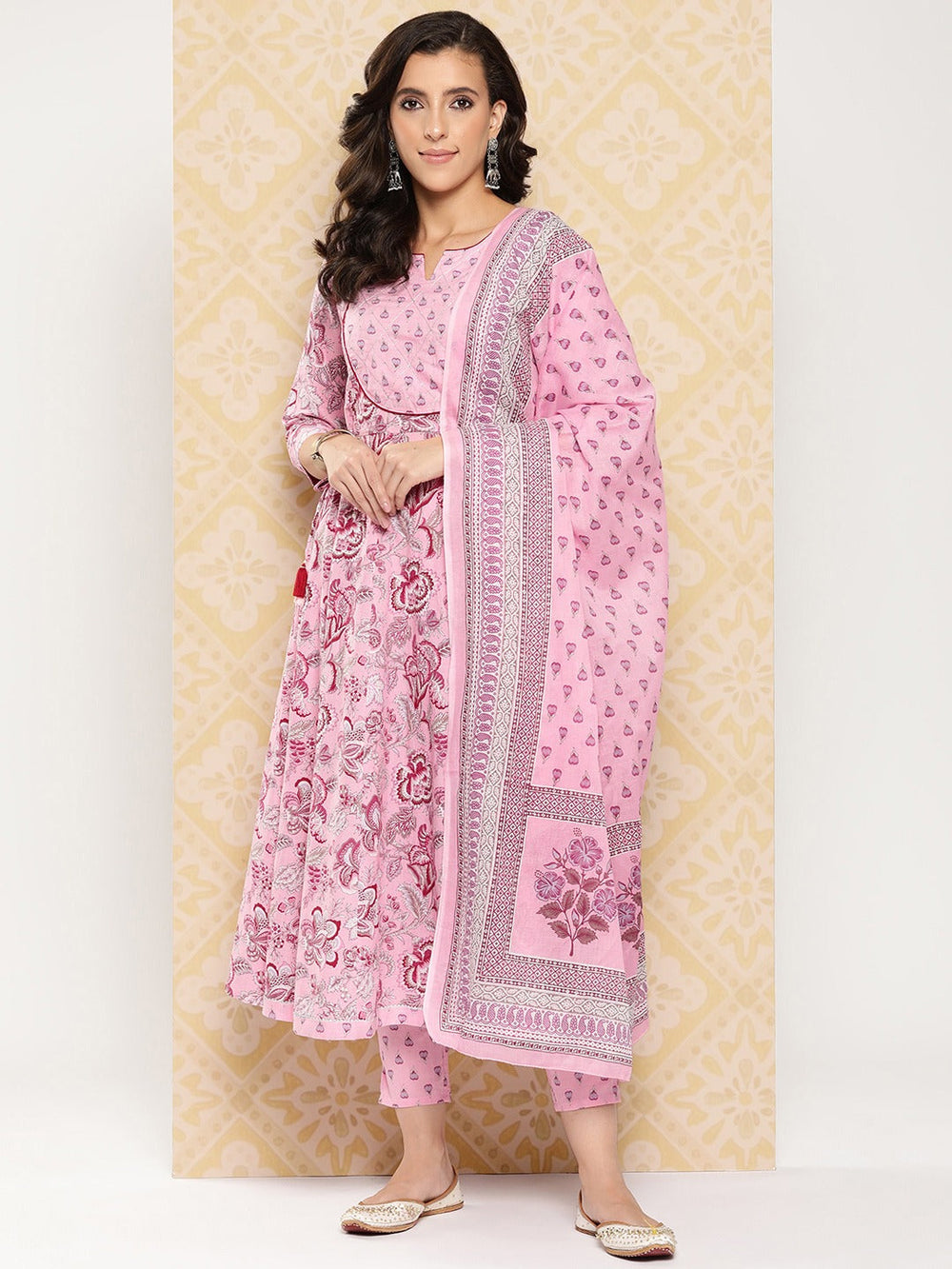 Pink Floral Printed Anarkali Sequinned Pure Cotton Kurta with Trousers & Dupatta-Yufta Store-1510SKDPKS