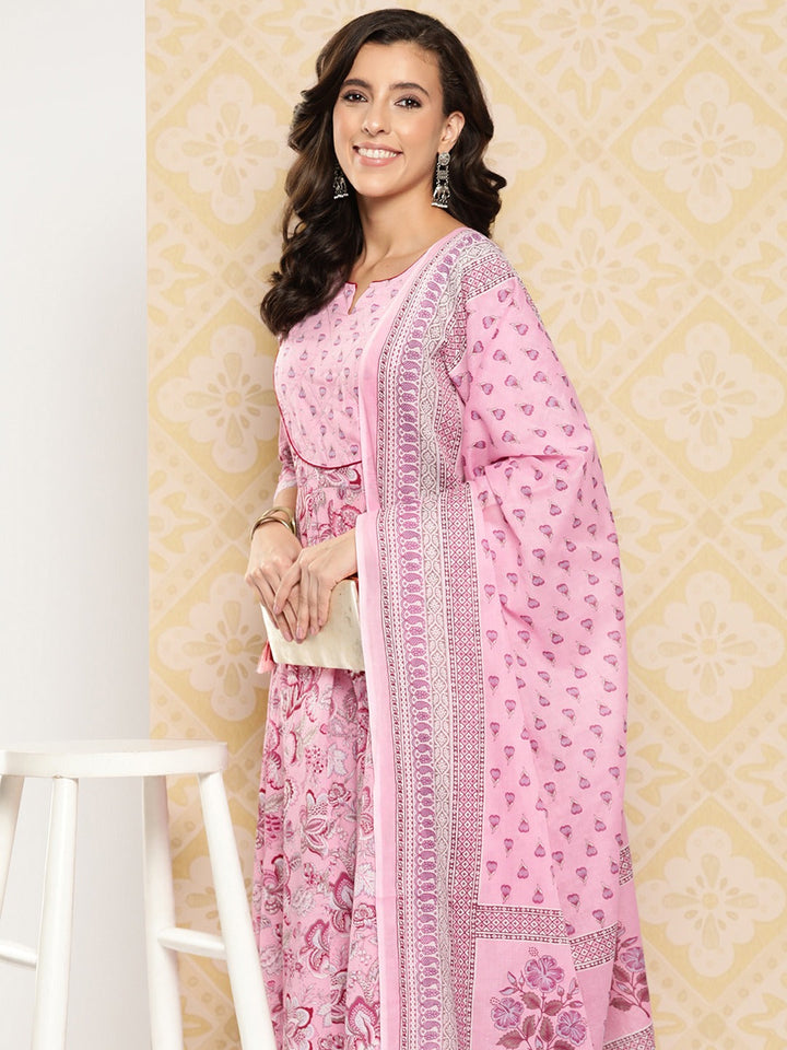 Pink Floral Printed Anarkali Sequinned Pure Cotton Kurta with Trousers & Dupatta-Yufta Store-1510SKDPKS