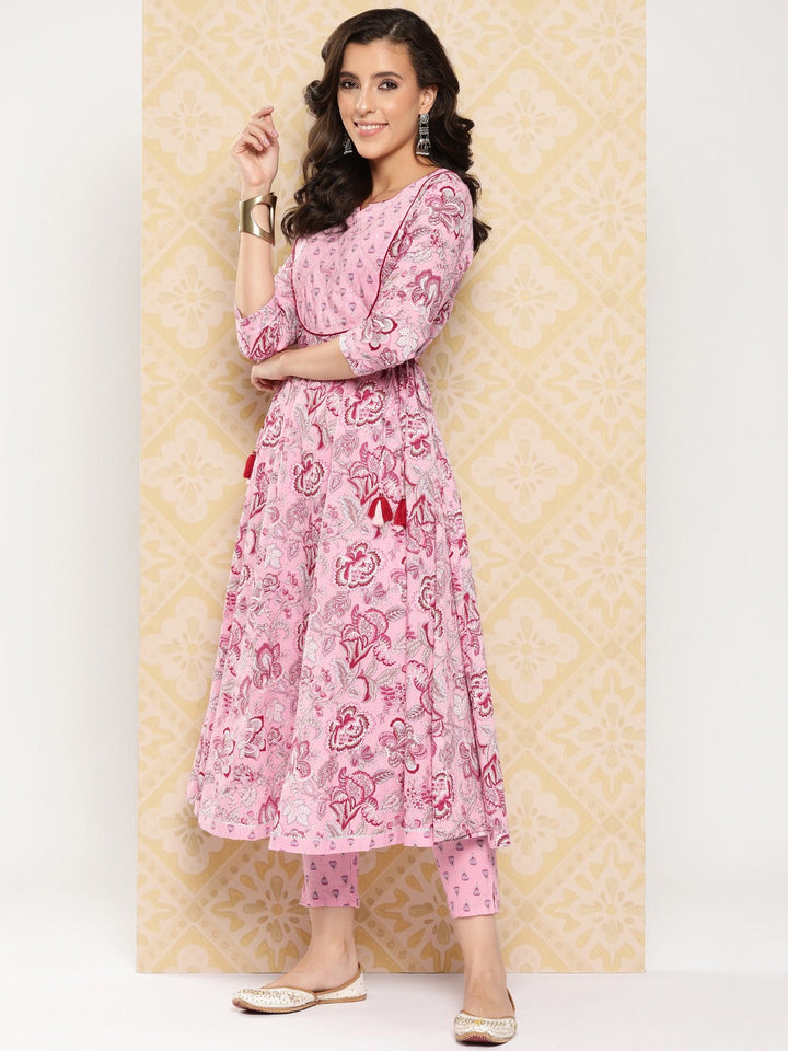 Pink Floral Printed Anarkali Sequinned Pure Cotton Kurta with Trousers & Dupatta-Yufta Store-1510SKDPKS