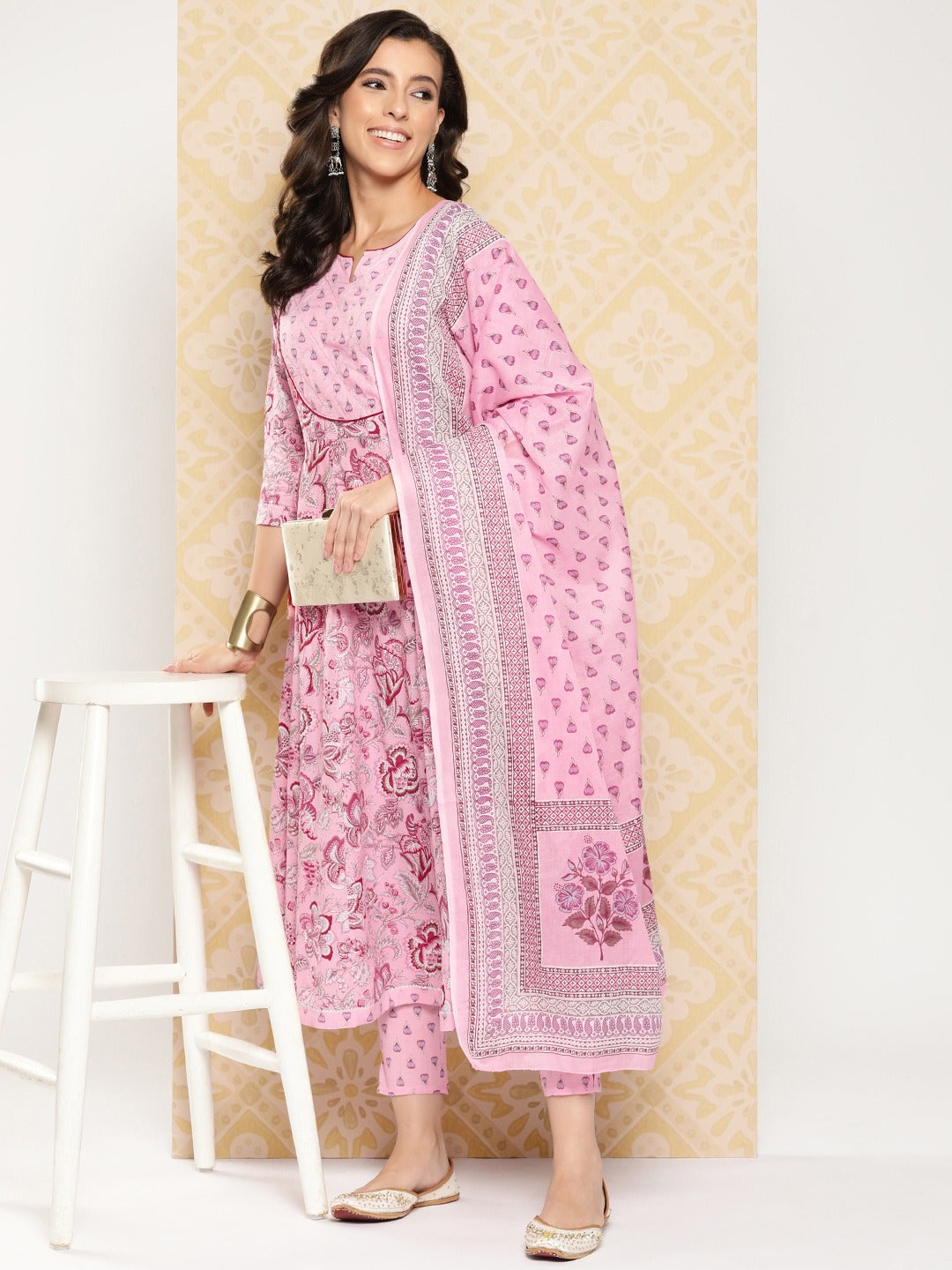 Pink Floral Printed Anarkali Sequinned Pure Cotton Kurta with Trousers & Dupatta-Yufta Store-1510SKDPKS