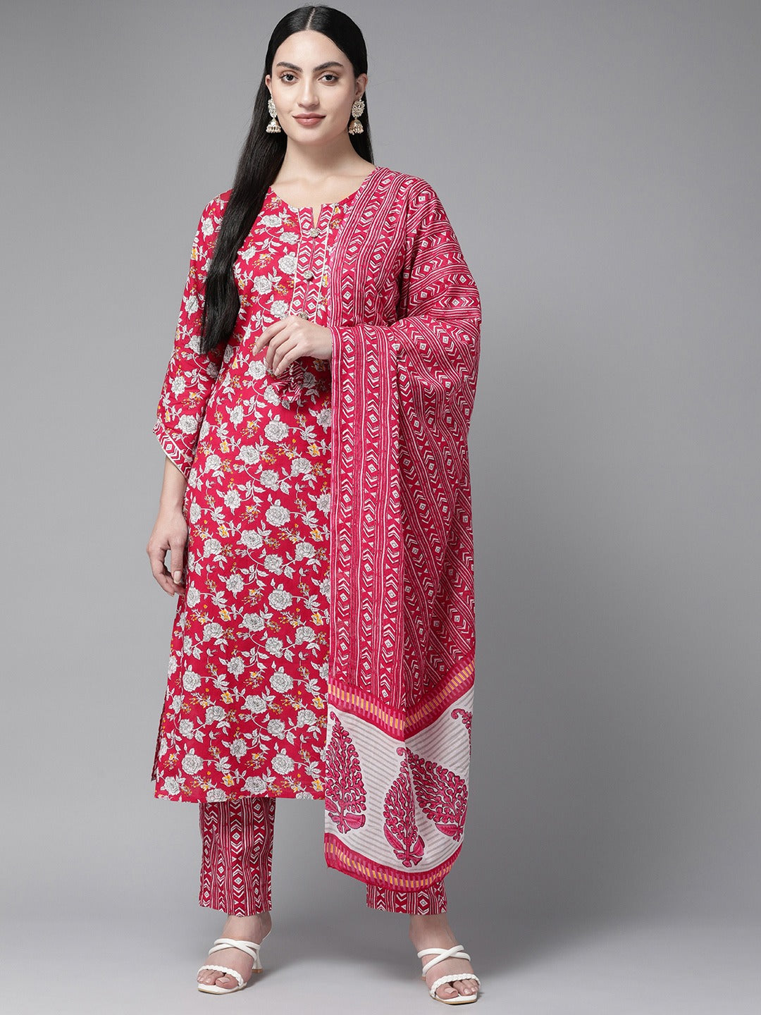 Pink Floral Printed Pure Cotton Kurta Dupatta Set-Yufta Store-1136SKDPKS