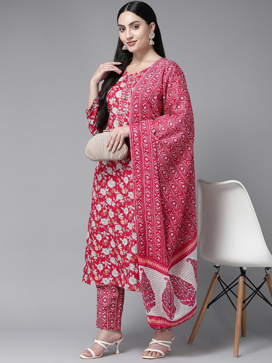 Pink Floral Printed Pure Cotton Kurta Dupatta Set-Yufta Store-1136SKDPKS