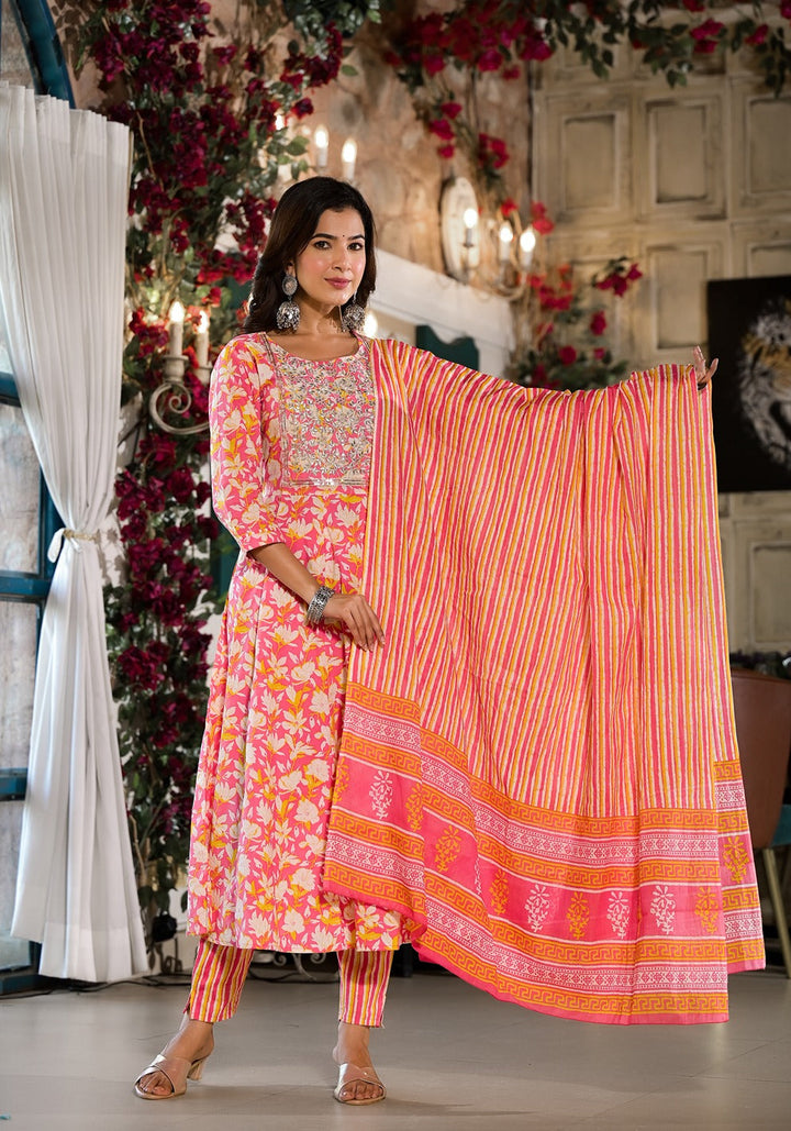 Pink Floral Zari_Work Kurta Trouser With Dupatta Set-Yufta Store-1823SKDPKS