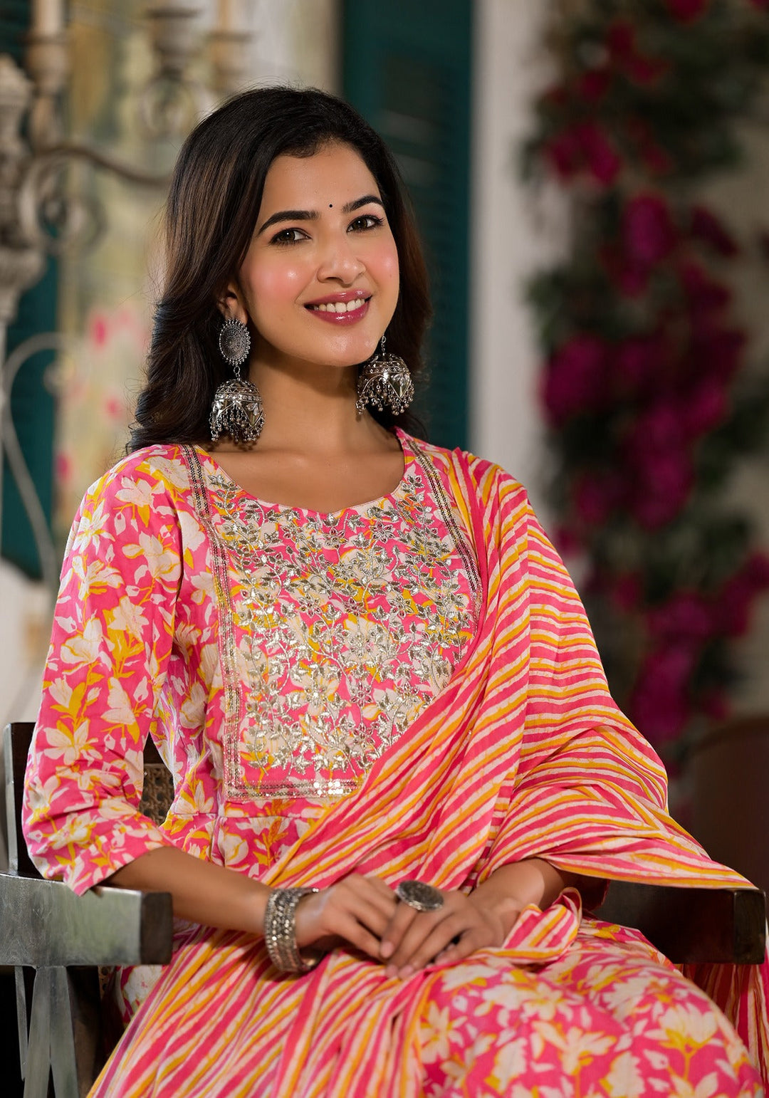 Pink Floral Zari_Work Kurta Trouser With Dupatta Set-Yufta Store-1823SKDPKS