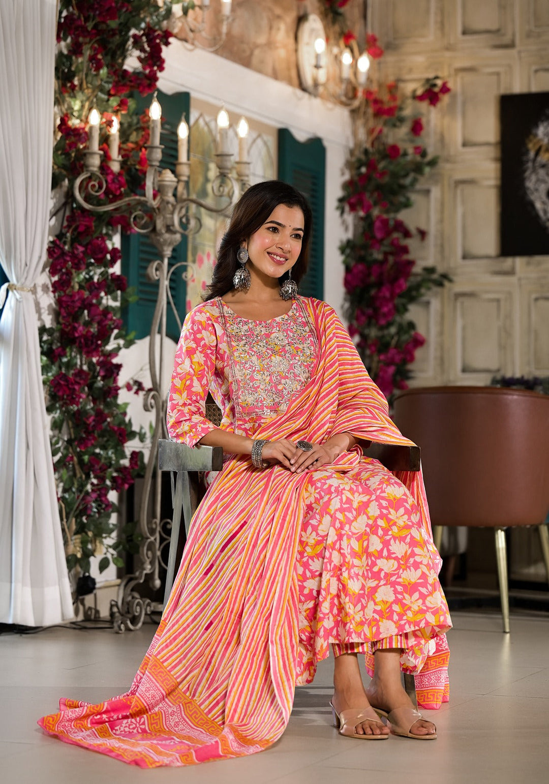 Pink Floral Zari_Work Kurta Trouser With Dupatta Set-Yufta Store-1823SKDPKS