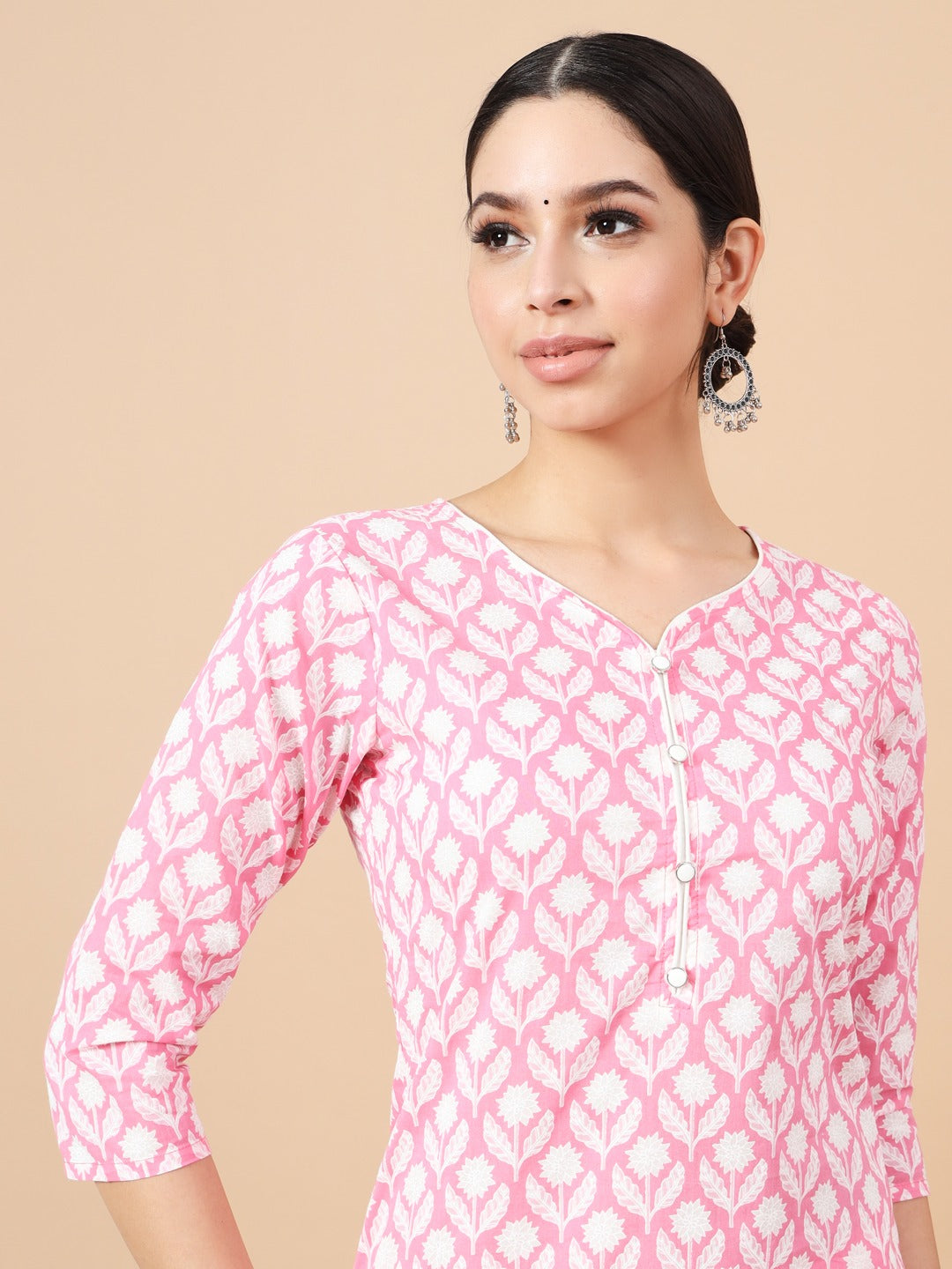 Pink Floral,Piping On Yoke Straight Kurta Trouser And Dupatta Set-Yufta Store-6833SKDPKS