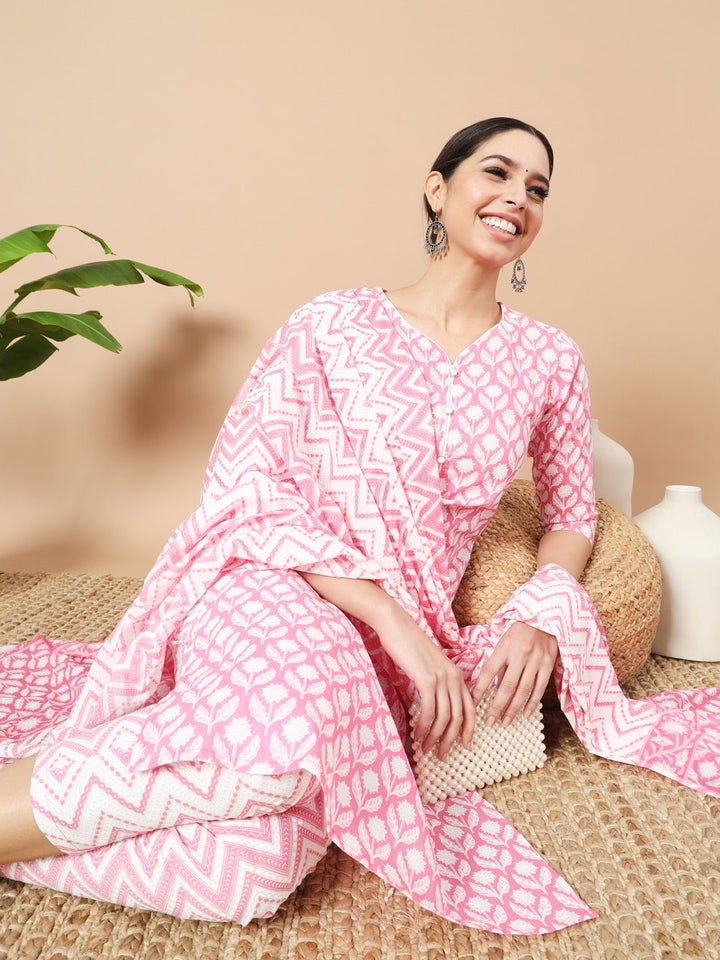 Pink Floral,Piping On Yoke Straight Kurta Trouser And Dupatta Set-Yufta Store-6833SKDPKS