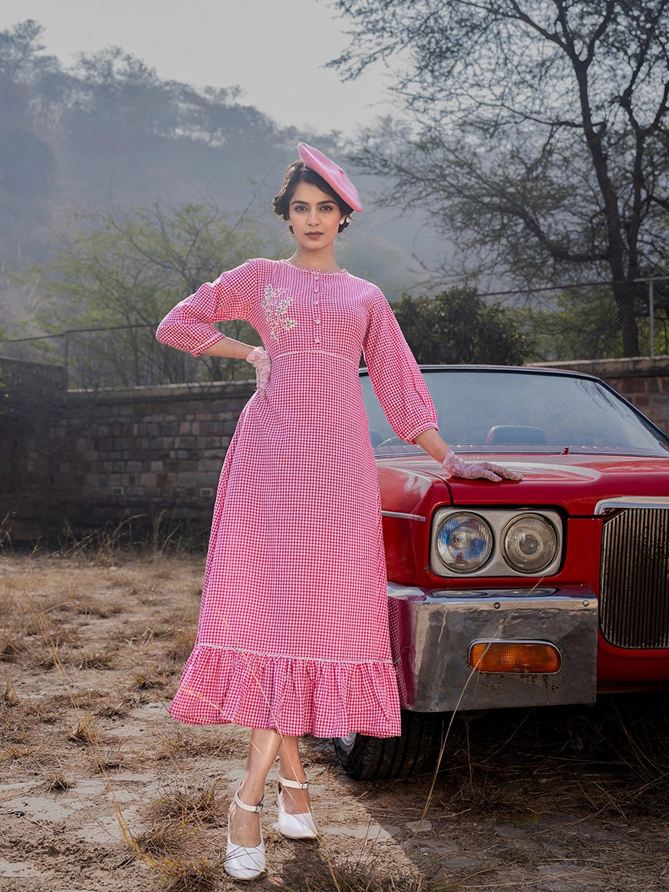 Pink Gingham Cotton Maxi Dress-Yufta Store-1780DRSPKS