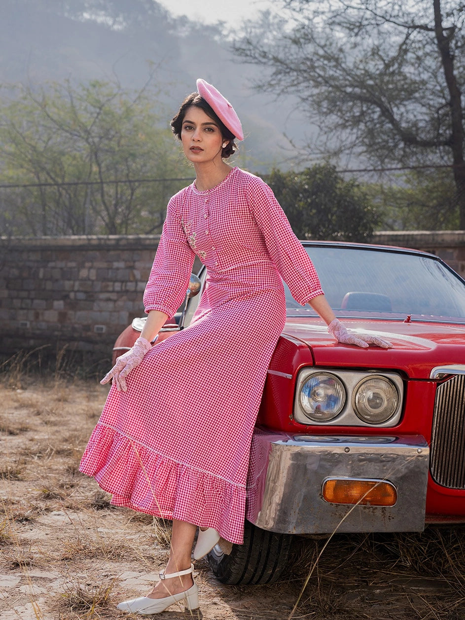 Pink Gingham Cotton Maxi Dress-Yufta Store-1780DRSPKS