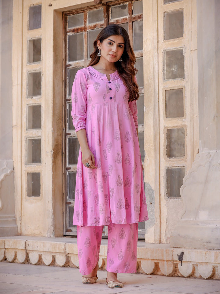 Pink & Golden Printed Kurta Set-Yufta Store-YUFEKSET712S