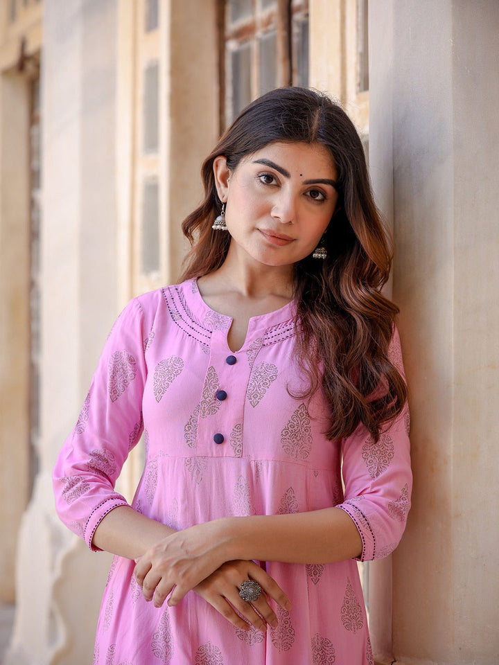 Pink & Golden Printed Kurta Set-Yufta Store-YUFEKSET712S