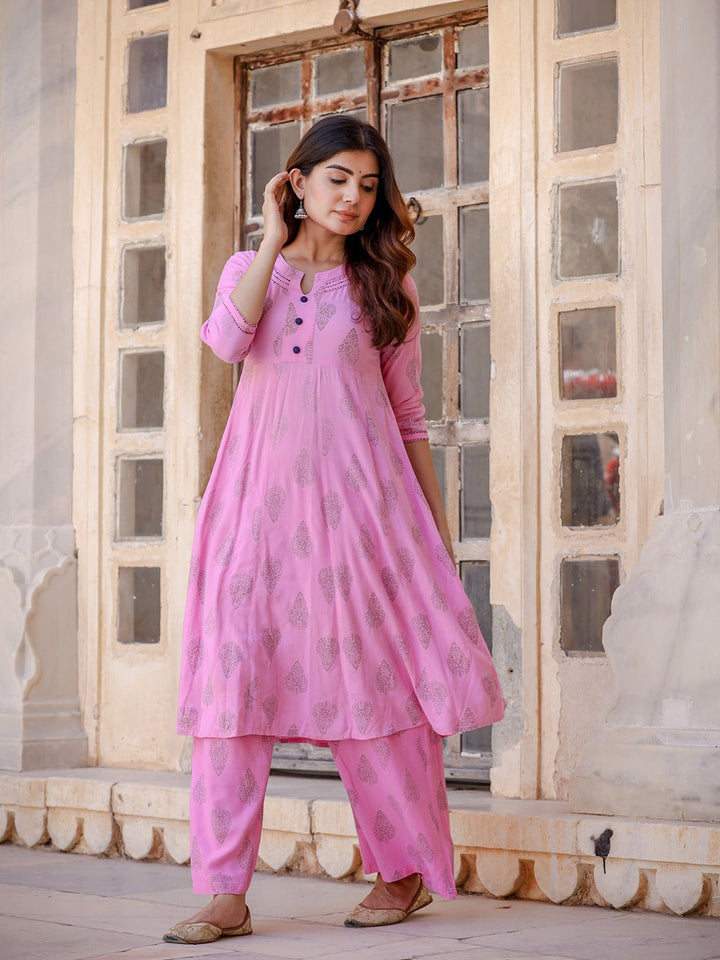 Pink & Golden Printed Kurta Set-Yufta Store-YUFEKSET712S