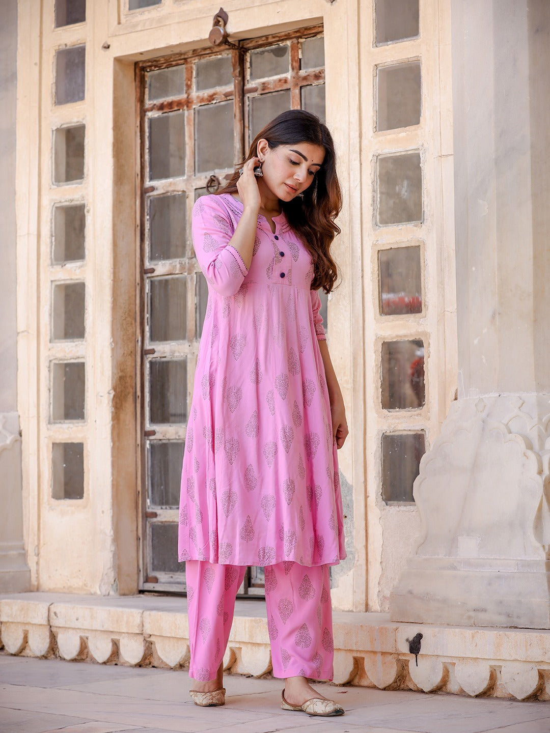 Pink & Golden Printed Kurta Set-Yufta Store-YUFEKSET712S