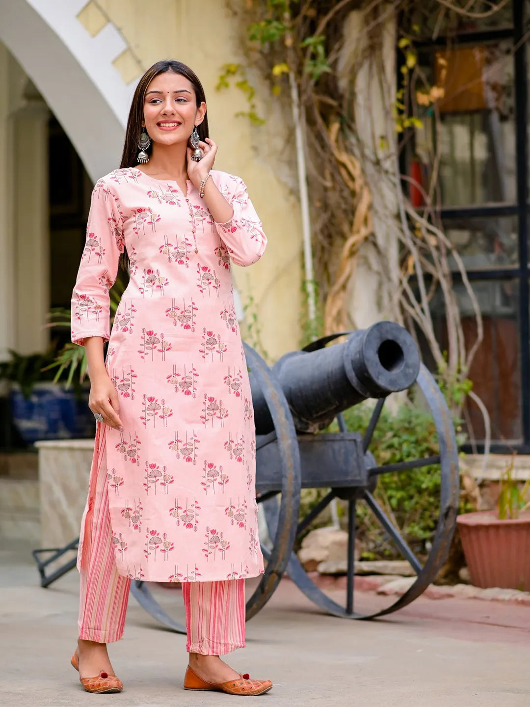 Pink & Golden Printed Kurta With Palazzo-Yufta Store-7135SETPKS