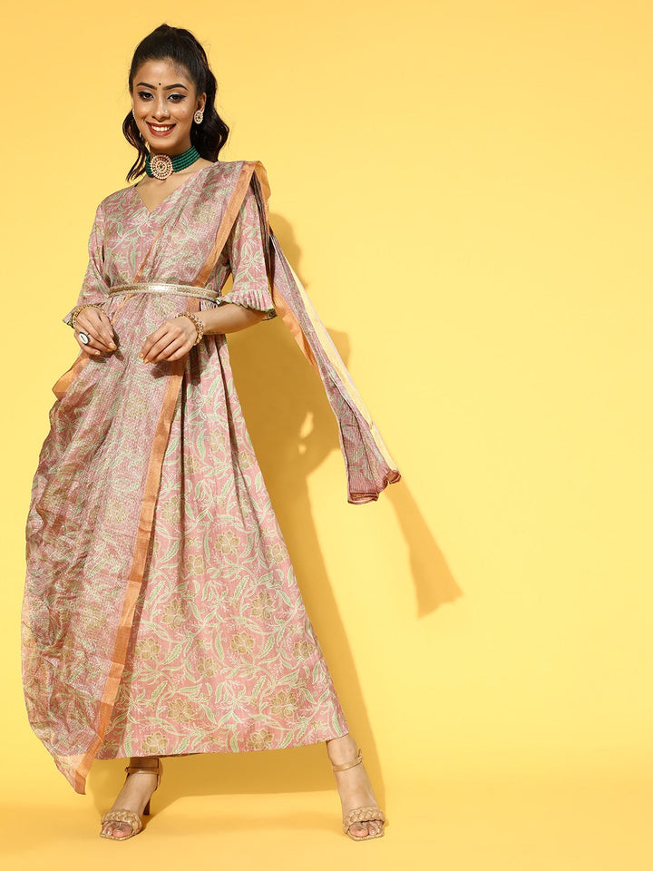 Pink & Green Floral Print Dress with Dupatta-Yufta Store-9604DRSPCS
